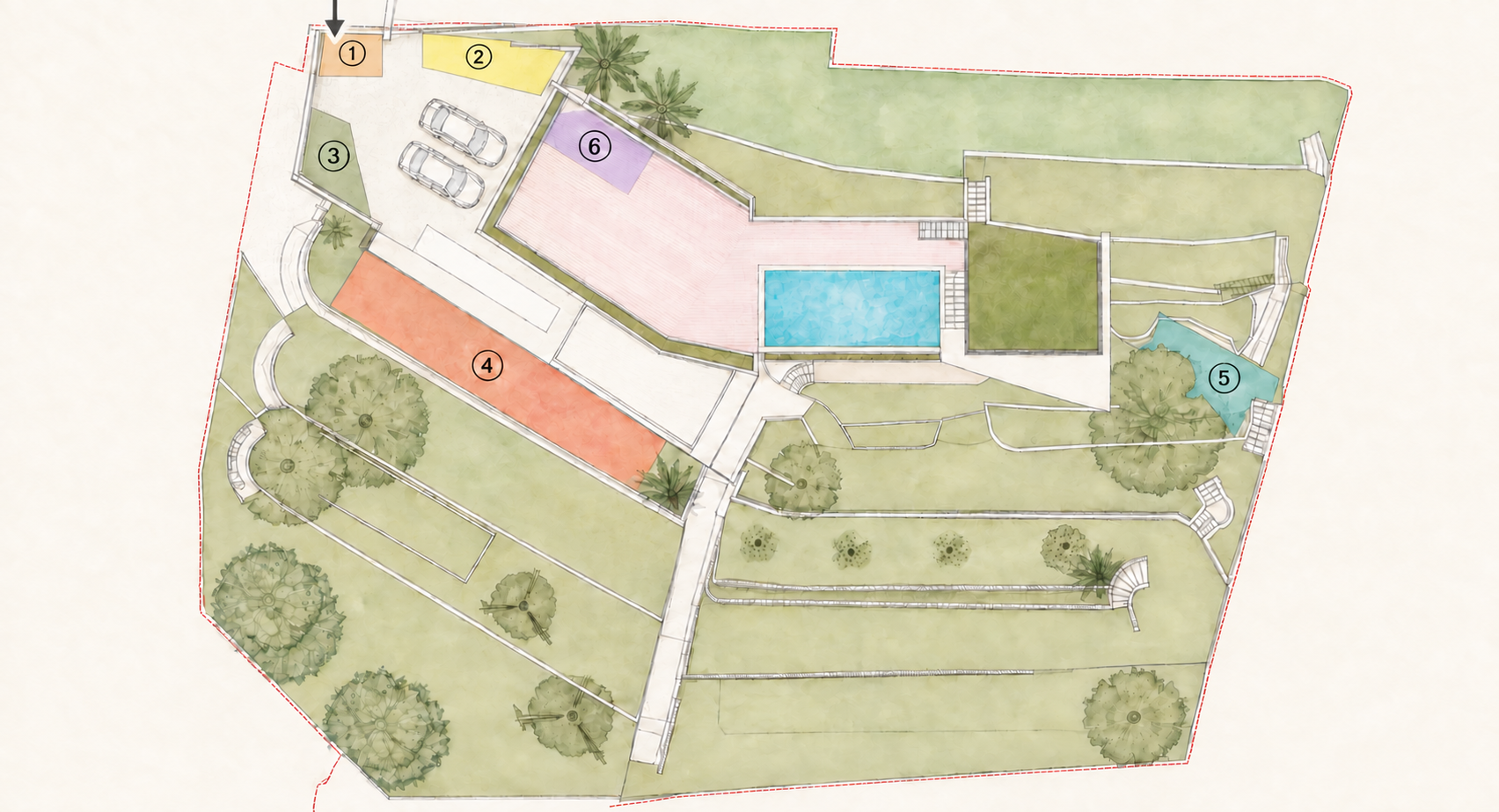 Venue layout: entrance and Arrival Area at the top left, Screen area beside the entrance, Photo booth on the left, HMC Area along the left terrace, RUMI Area on the right, Bar above the dinner terrace, Catering Area at the top right, and dinner terrace in the centre.