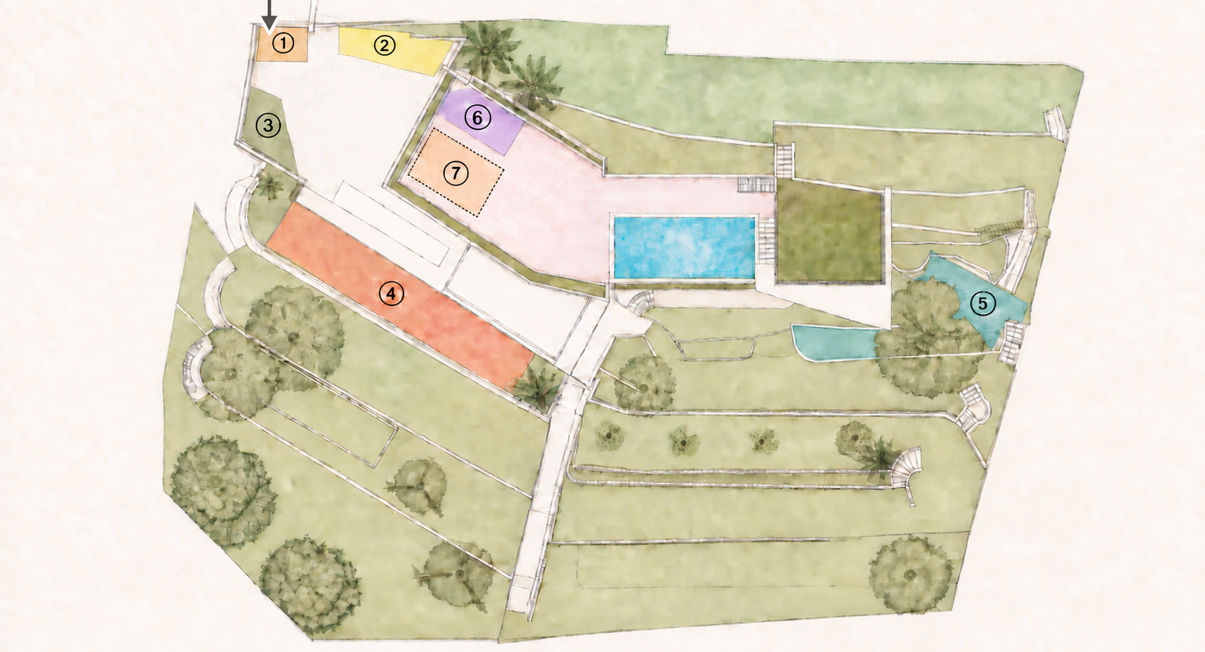 Venue layout: entrance and Arrival Area at the top left, Screen area beside the entrance, Photo booth on the left, HMC Area along the left terrace, RUMI Area on the right, 6. Bar - Rooftop in purple and 7. Bar - Indoor directly below it, marked by a dotted outline.